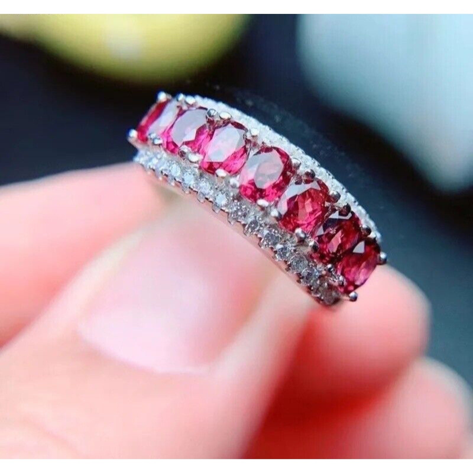 Bright Pink Topaz Band Ring 925 Sterling Silver 3x4mm