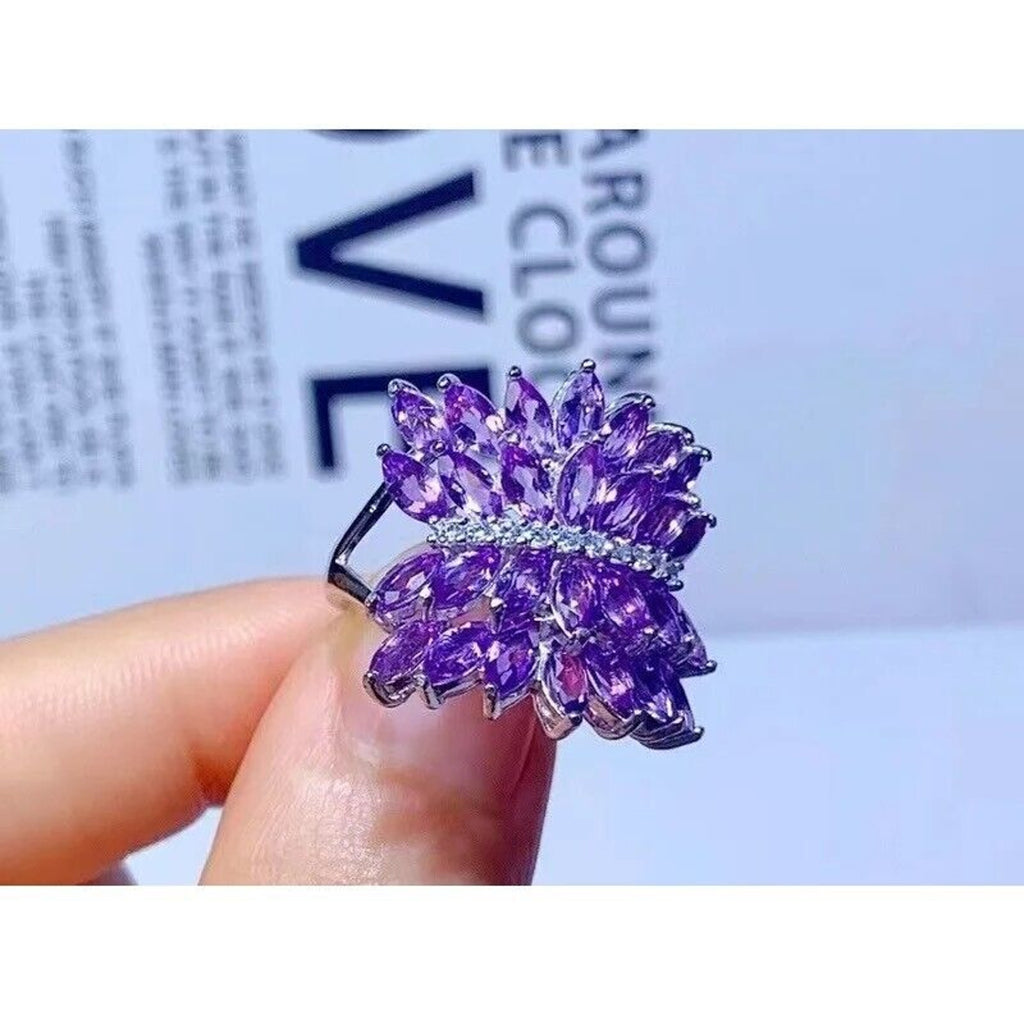 Marquise Cut Amethyst Full Finger Ring, Women's Natural Amethyst Gemstone Ring