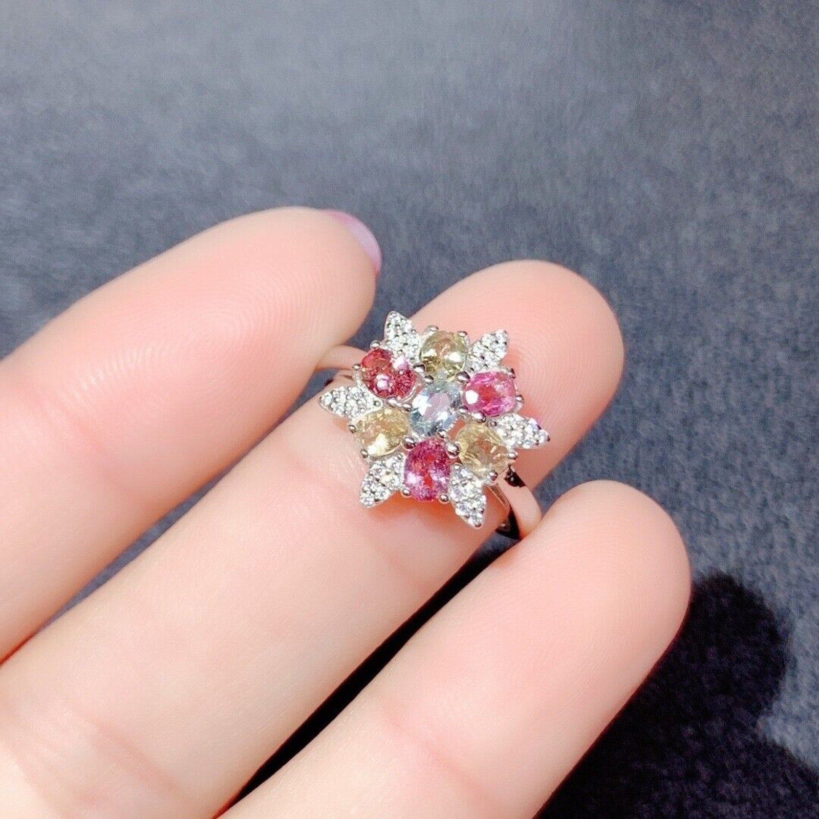 Natural Tourmaline Flower Cluster Ring, Women's Tourmaline Rings Silver