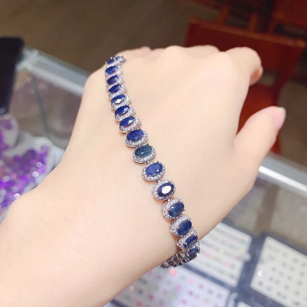 Natural Sapphire Tennis Bracelet, Opaque Blue Sapphire Bracelet 925 Sterling