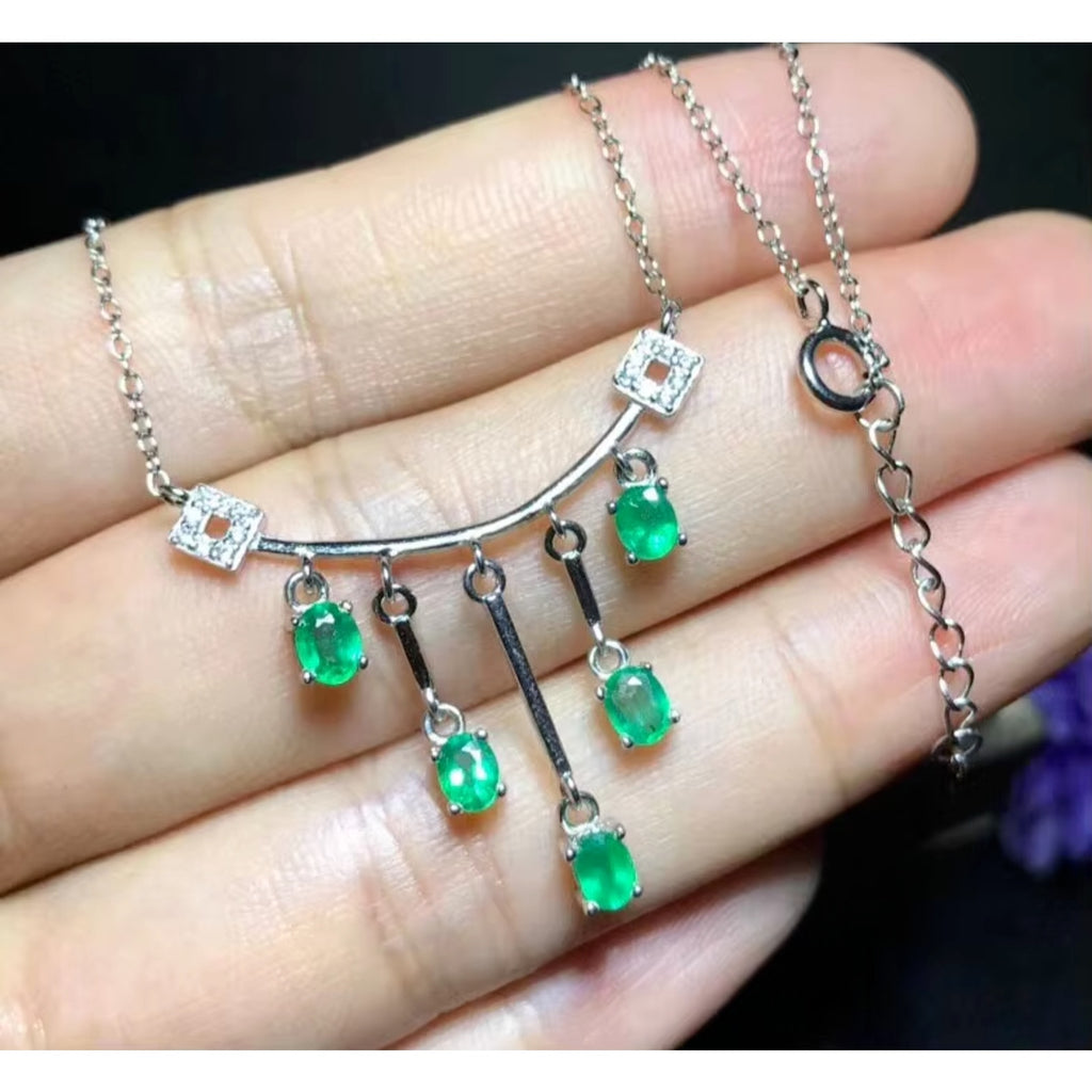 Dainty Emerald Charm Necklace, Natural Emerald Necklace Sterling Silver 3x4mm