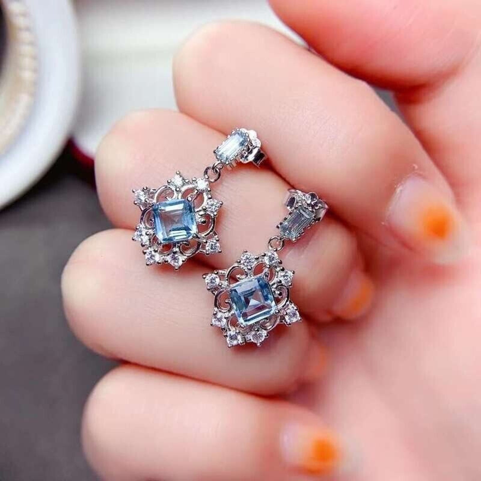 Vintage Garnet Dangle Earrings, High Court Gemstone Earrings, Garnet, Blue Topaz