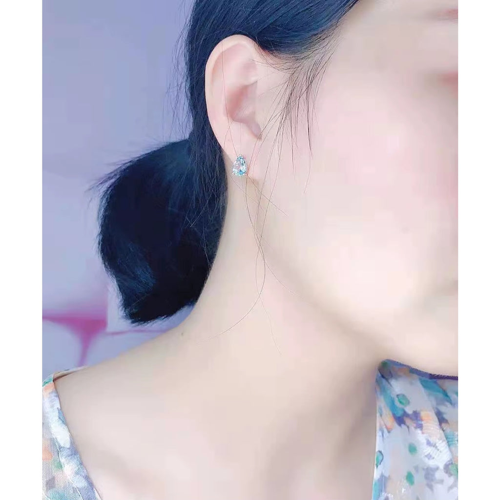1CT Natural Aquamarine Pear Cut Stud Earrings, Aquamarine Earrings 925 Sterling