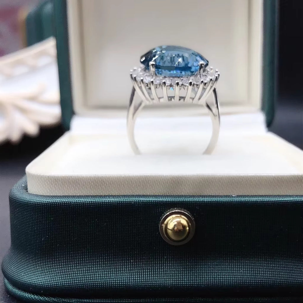 12Ct Firework Cut London Blue Topaz Halo Engagement Ring 925 Sterling Silver
