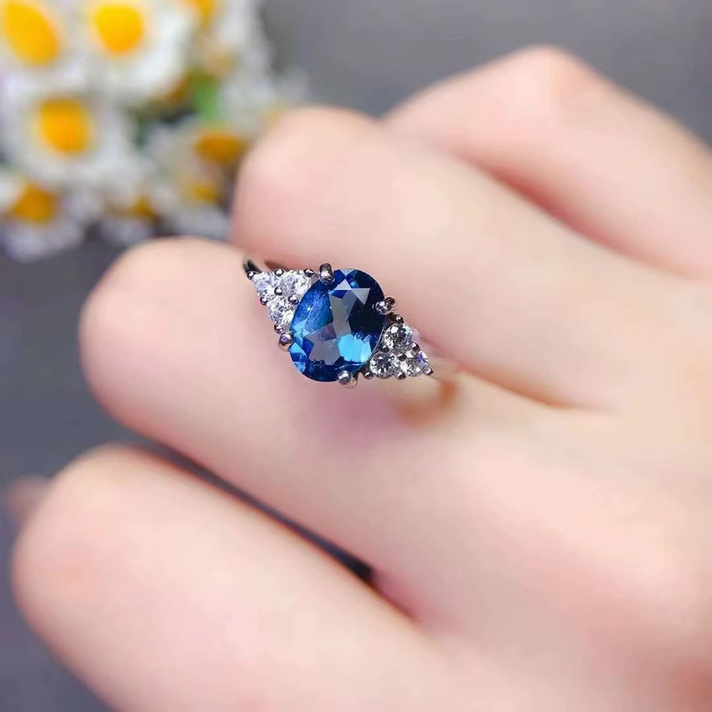 1CT London Blue Topaz Ring 925 Sterling Silver, Natural London Blue Topaz 6x8mm