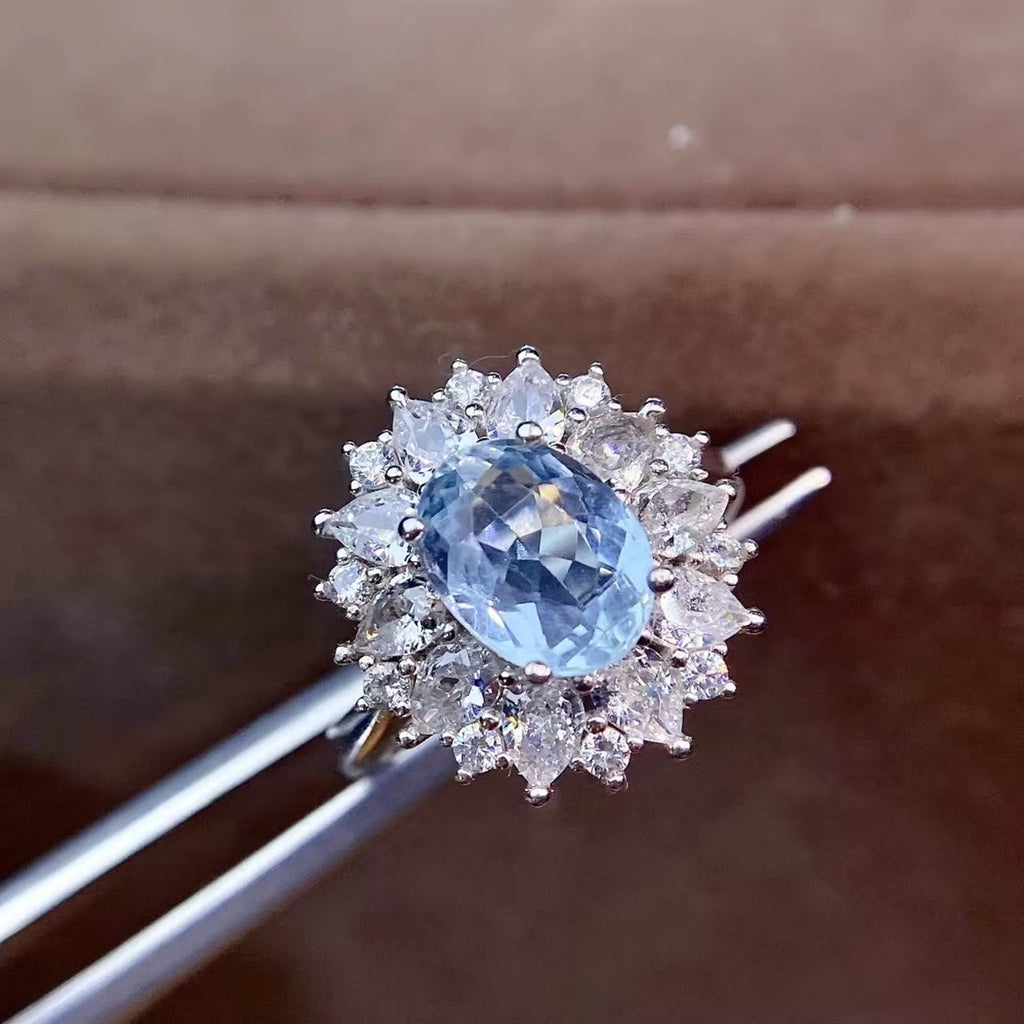 Natural Aquamarine Gemstone Ring 7x9mm, March Birthstone Aquamarine Ring