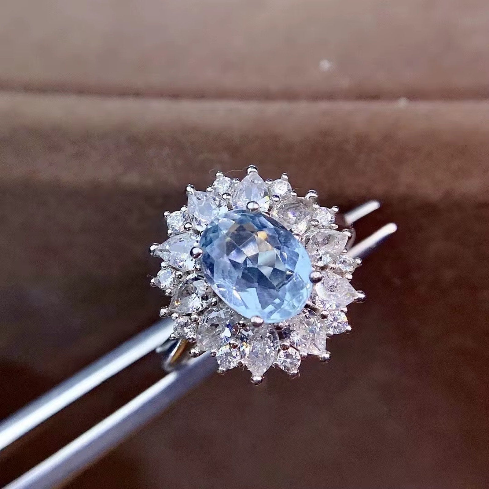 Natural Aquamarine Gemstone Ring 7x9mm, March Birthstone Aquamarine Ring