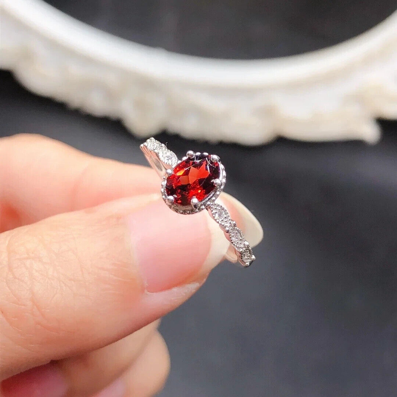 Dainty Red Garnet Cocktail Ring 5x7mm Platinum Plated 925 Sterling Silver