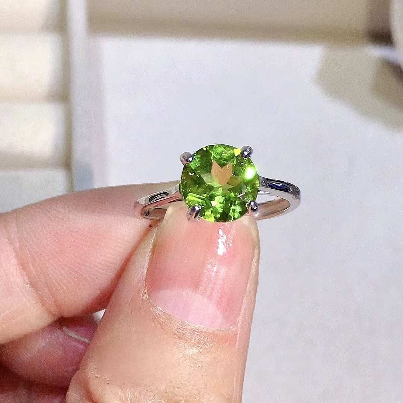 2CT Natural Peridot Birthstone Ring 8mm Platinum Plated Sterling Silver