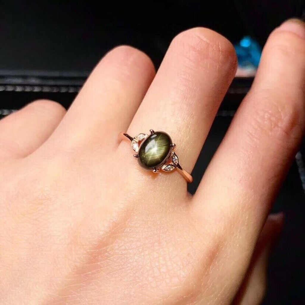 Natural Gray Star Sapphire Ring, 6x8mm Gray Star Sapphire Ring with Zirconia