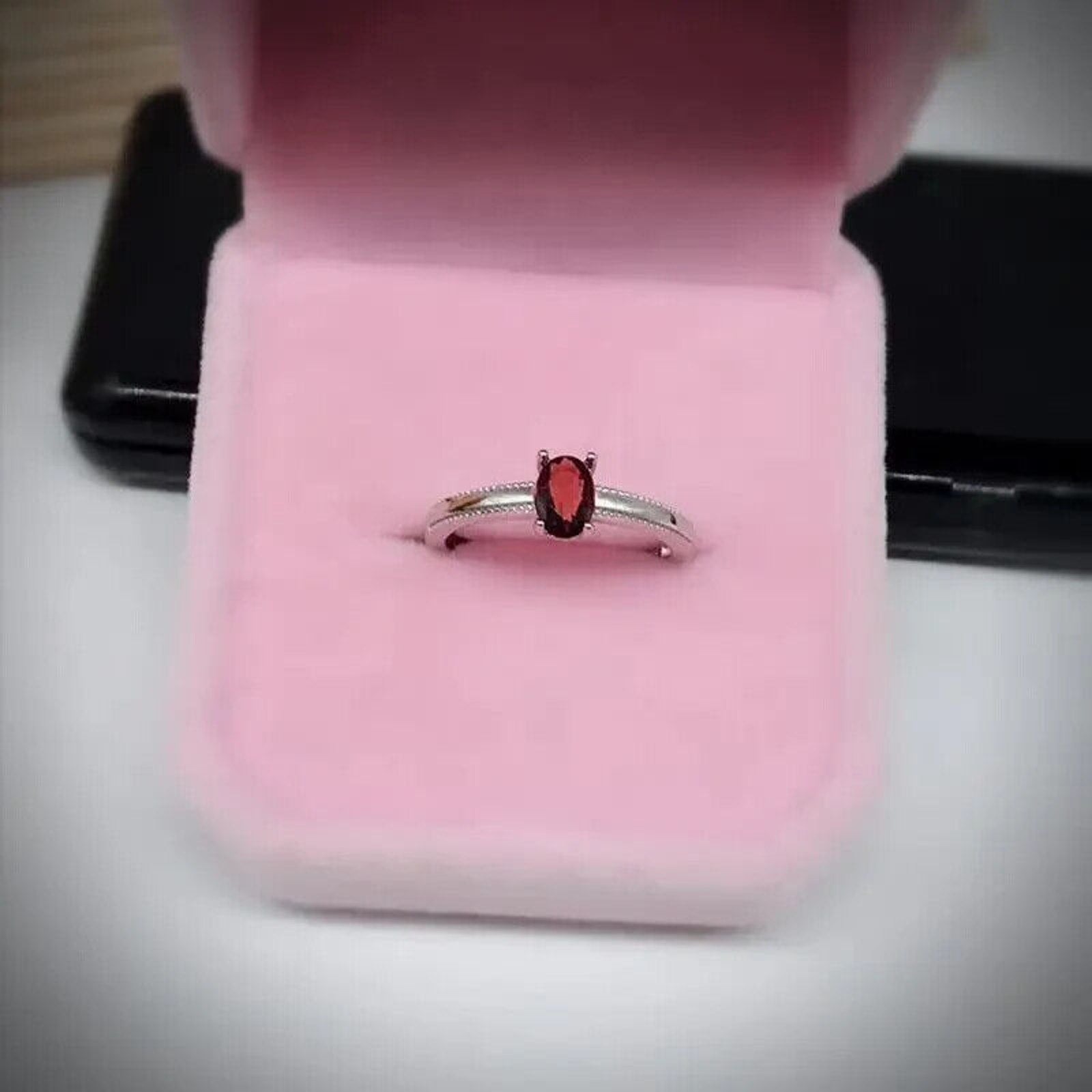 Dainty Red Garnet Cocktail Ring 4x6mm Platinum Plated Sterling Silver