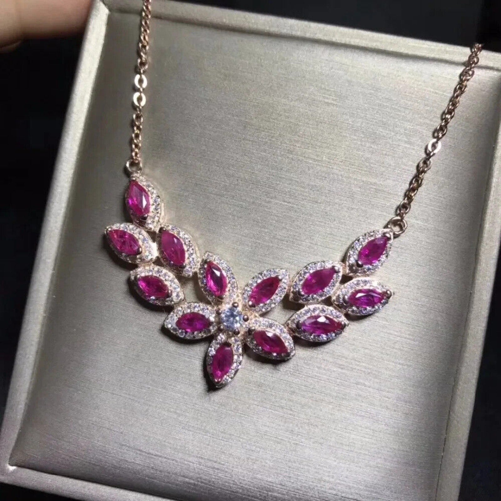Natural Marquise Cut Ruby Necklace, Ruby Statement Necklace Sterling