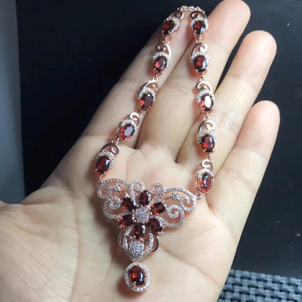 Red Garnet Flower Statement Necklace, Natural Garnet Gemstone Necklace 925