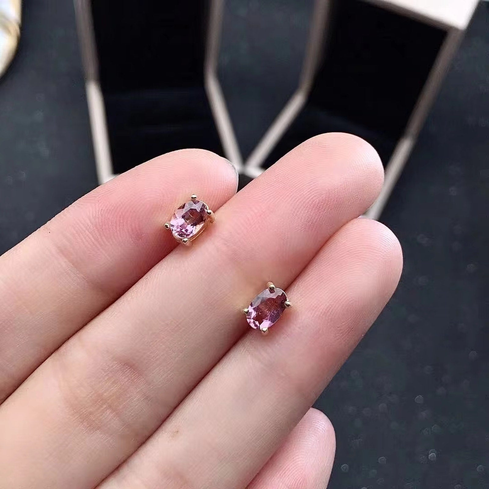 Pink Tourmaline Stud Earrings, Dainty Pink Tourmaline Earrings 4x6mm Silver