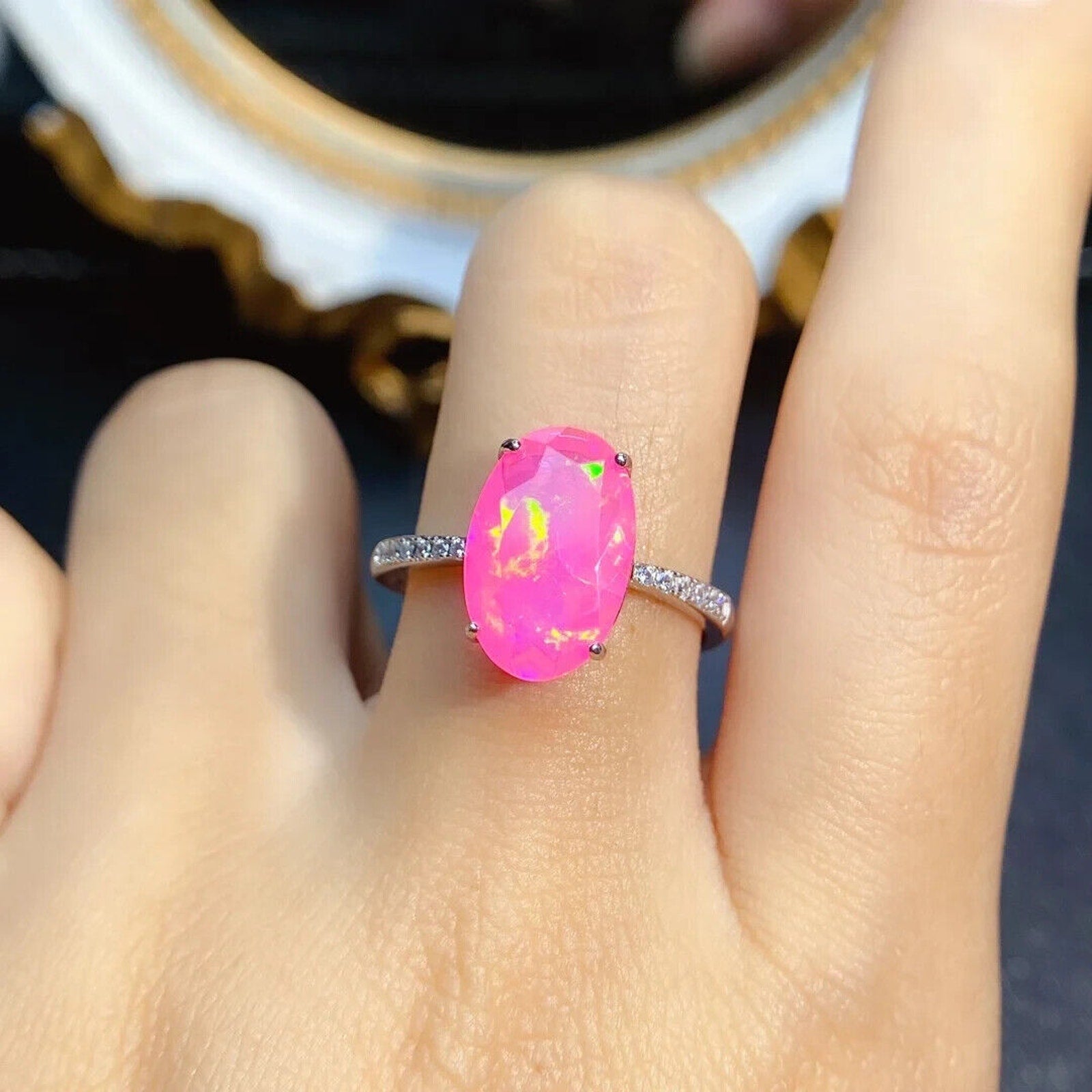 Pink Fire Opal Large Statement Ring 9x14mm, Natural Pink Fire Opal Ring