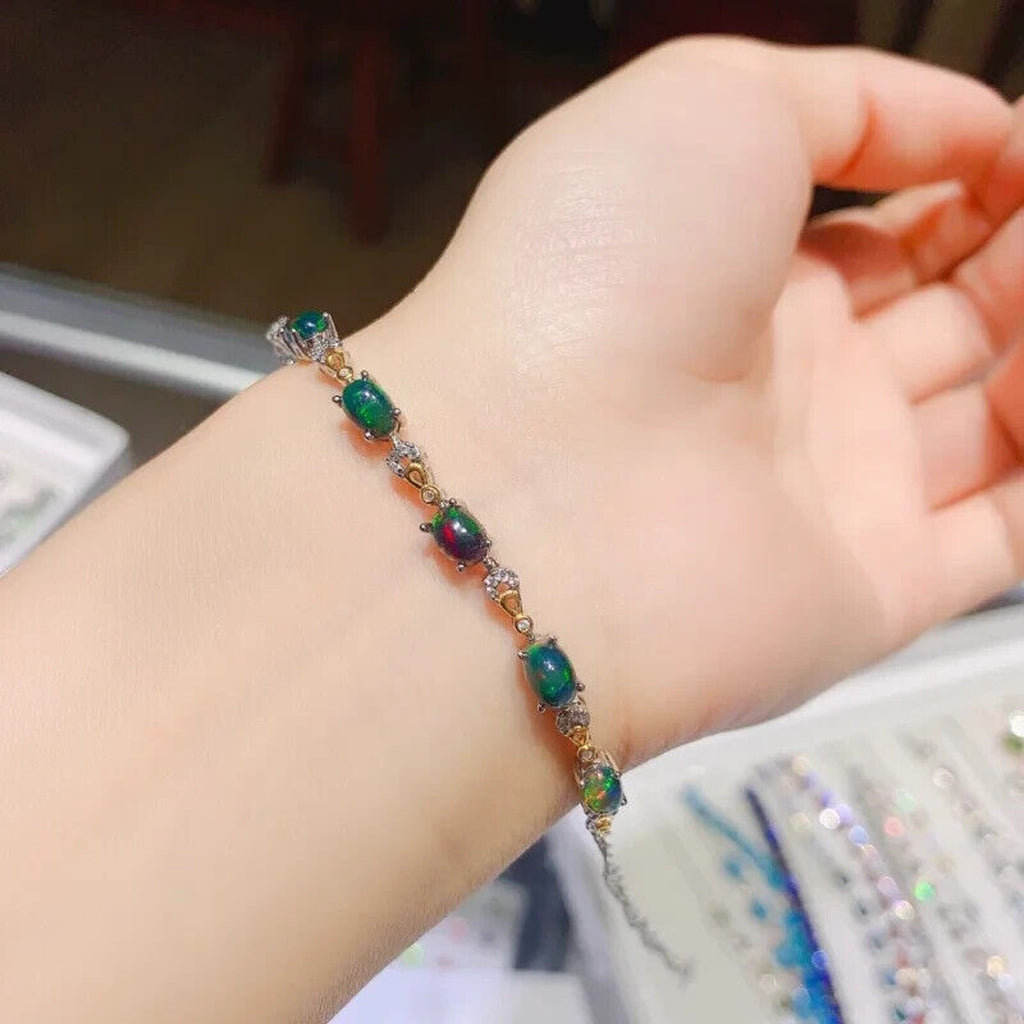 Black Fire Opal Chain Bracelet 925 Sterling Silver, Black Opal Chain Bracelet