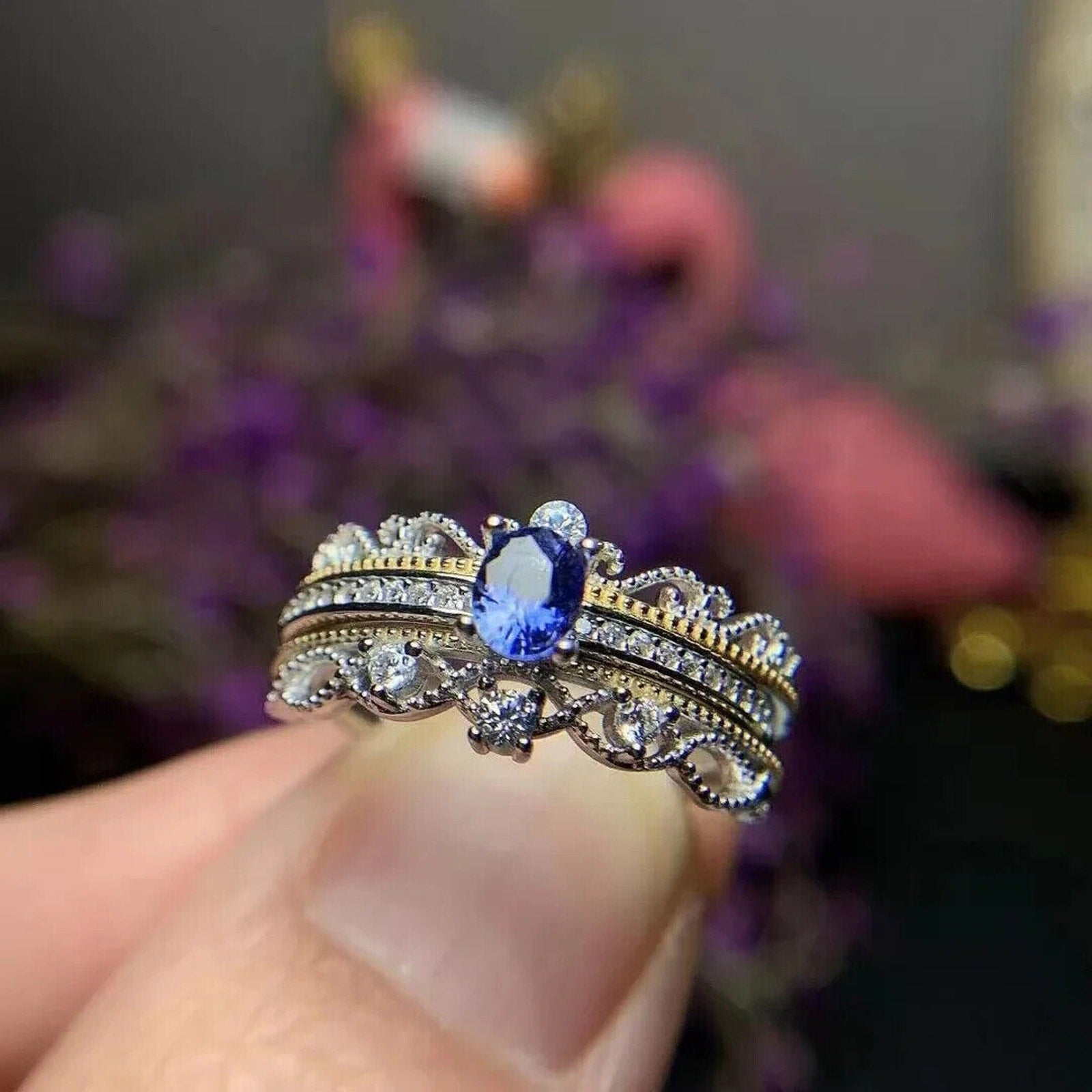 Natural Sapphire Dainty Cocktail Ring, Genuine Sapphire Sterling Silver Ring