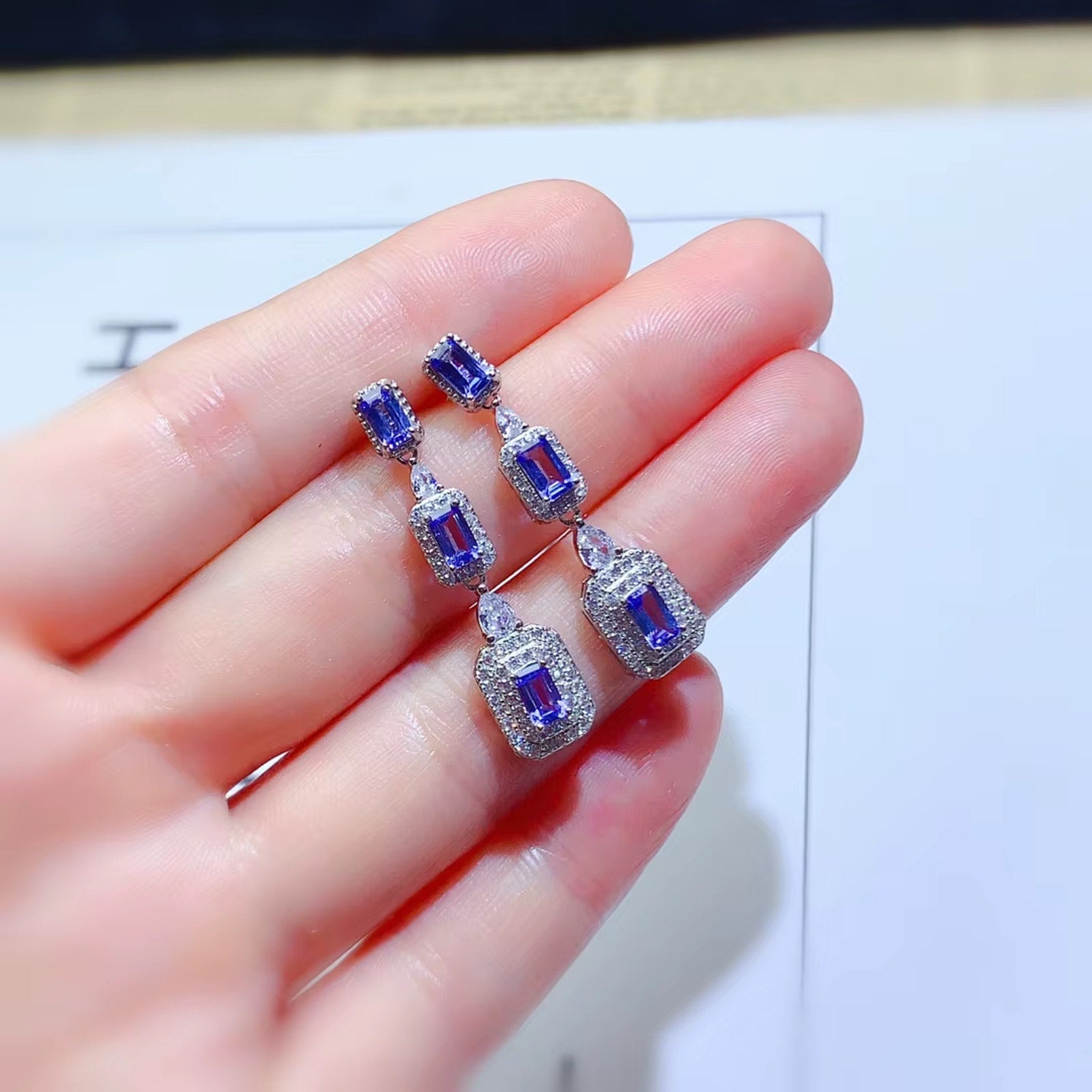 Emerald Cut Purple Tanzanite Drop Dangle Earrings, VVS Grade Tanzanite Earrings