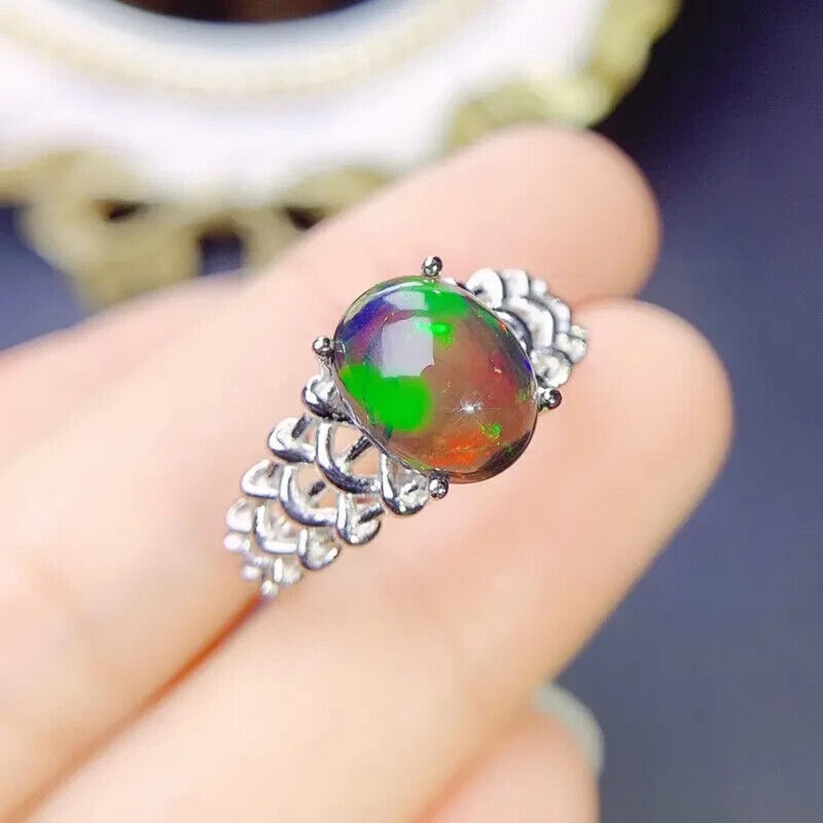Colorful Black Fire Opal Statement Ring 8x10mm 1.7CT, Natural Fire Opal Ring