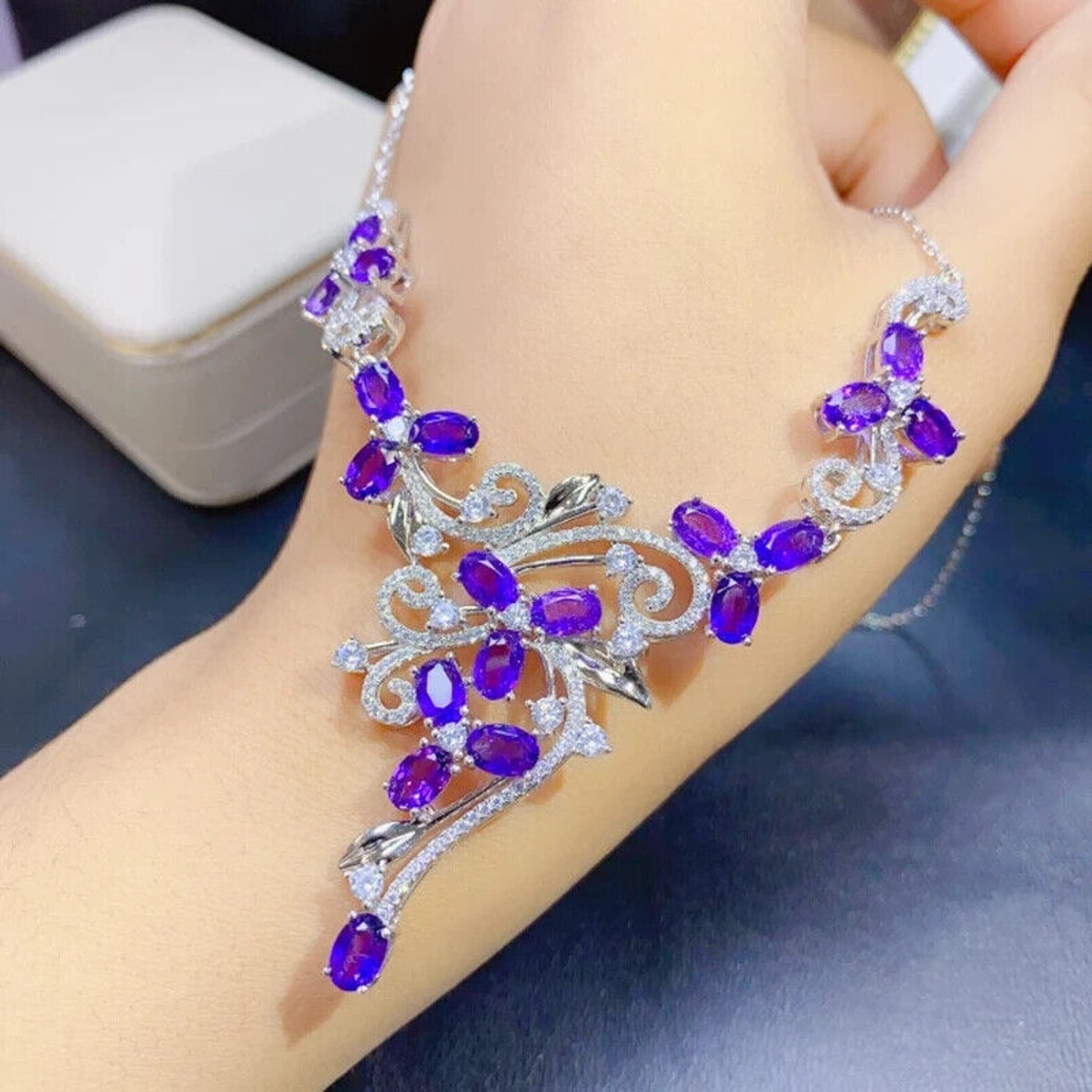 Purple Amethyst Statement Necklace, Amethyst Gemstone Necklace Sterling Silver