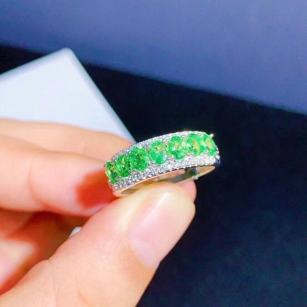 Bright Green Tsavorite Gemstone Band Ring Platinum Plated, Tsavorite Gemstone