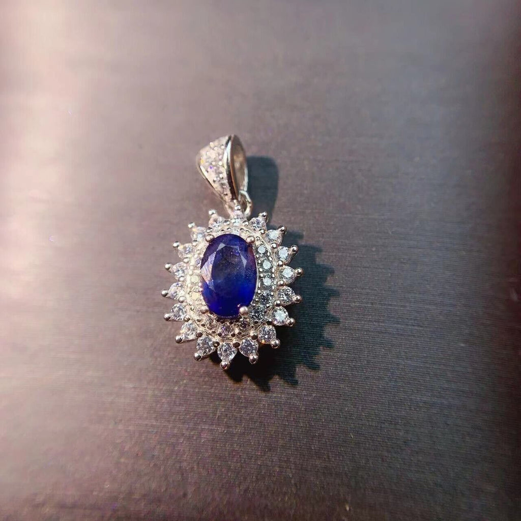 Genuine Blue Sapphire 4x6mm Pendant, Natural Sapphire Pendant with CZ Sterling