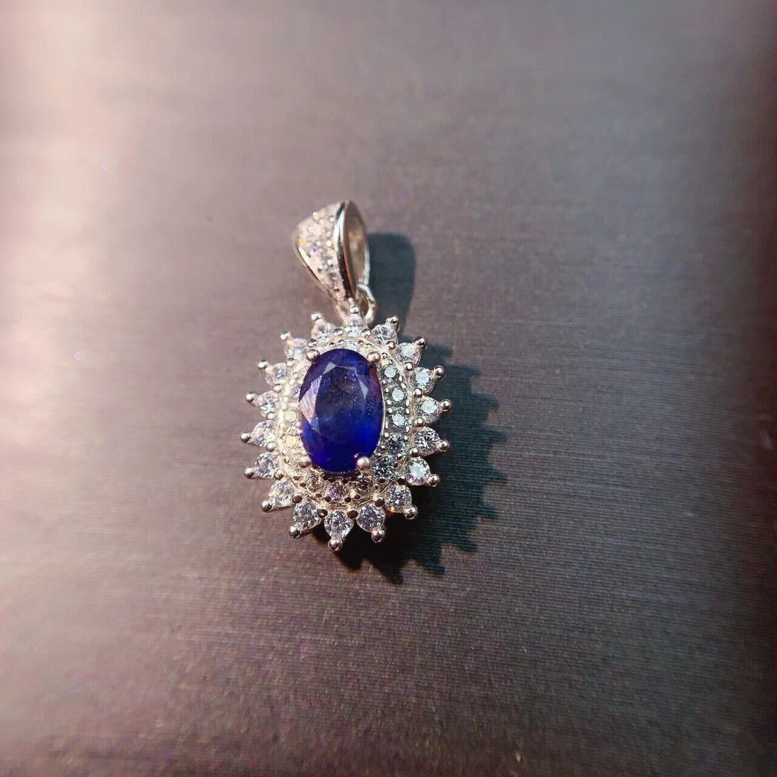 Genuine Blue Sapphire 4x6mm Pendant, Natural Sapphire Pendant with CZ Sterling