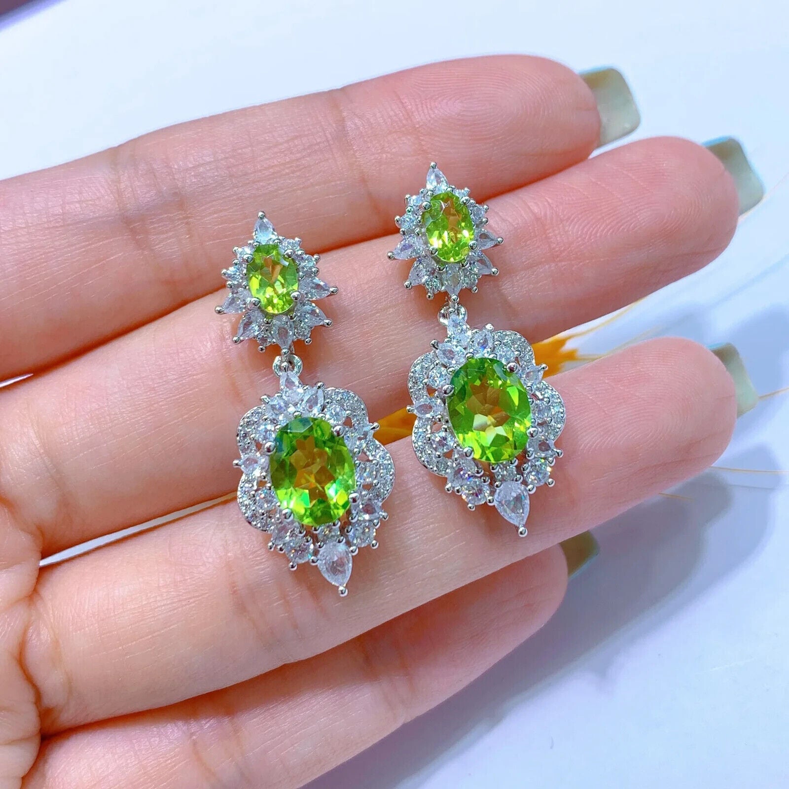 Peridot Birthstone Dangle Earrings, Natural Peridot Statement Earrings Silver