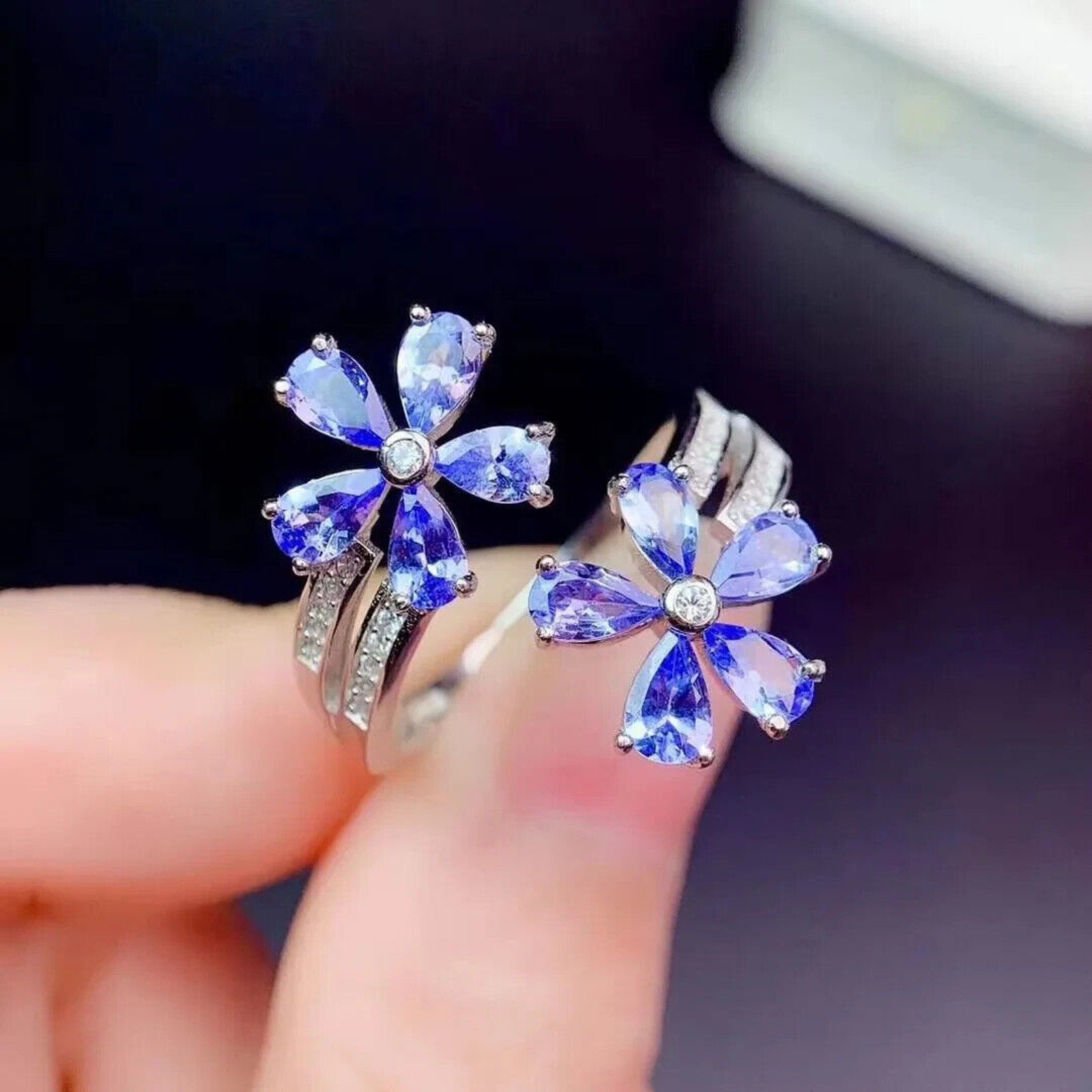 Tanzanite Flower Ring, Natural Tanzanite Statement Ring 925 Sterling Silver