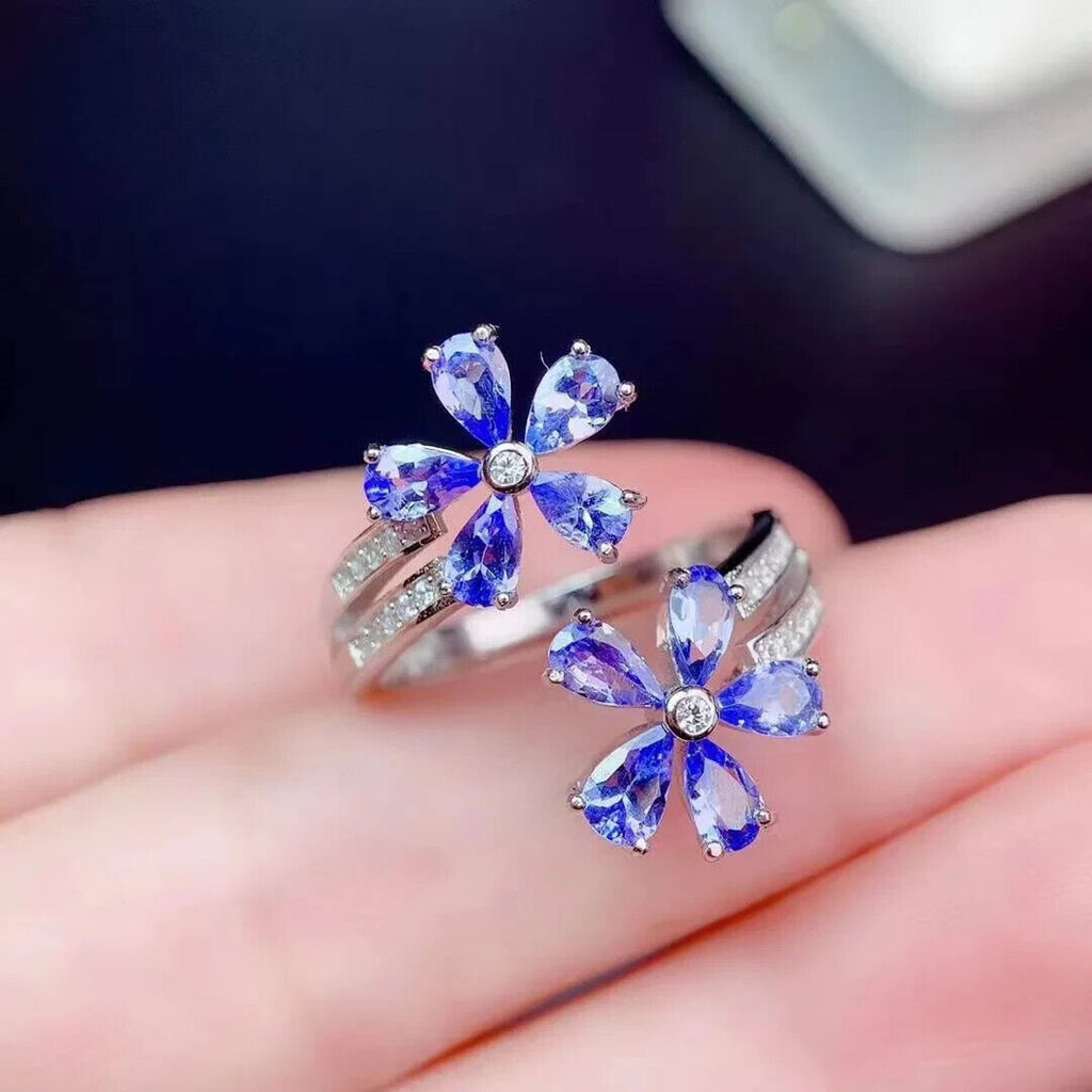 Tanzanite Flower Ring, Natural Tanzanite Statement Ring 925 Sterling Silver