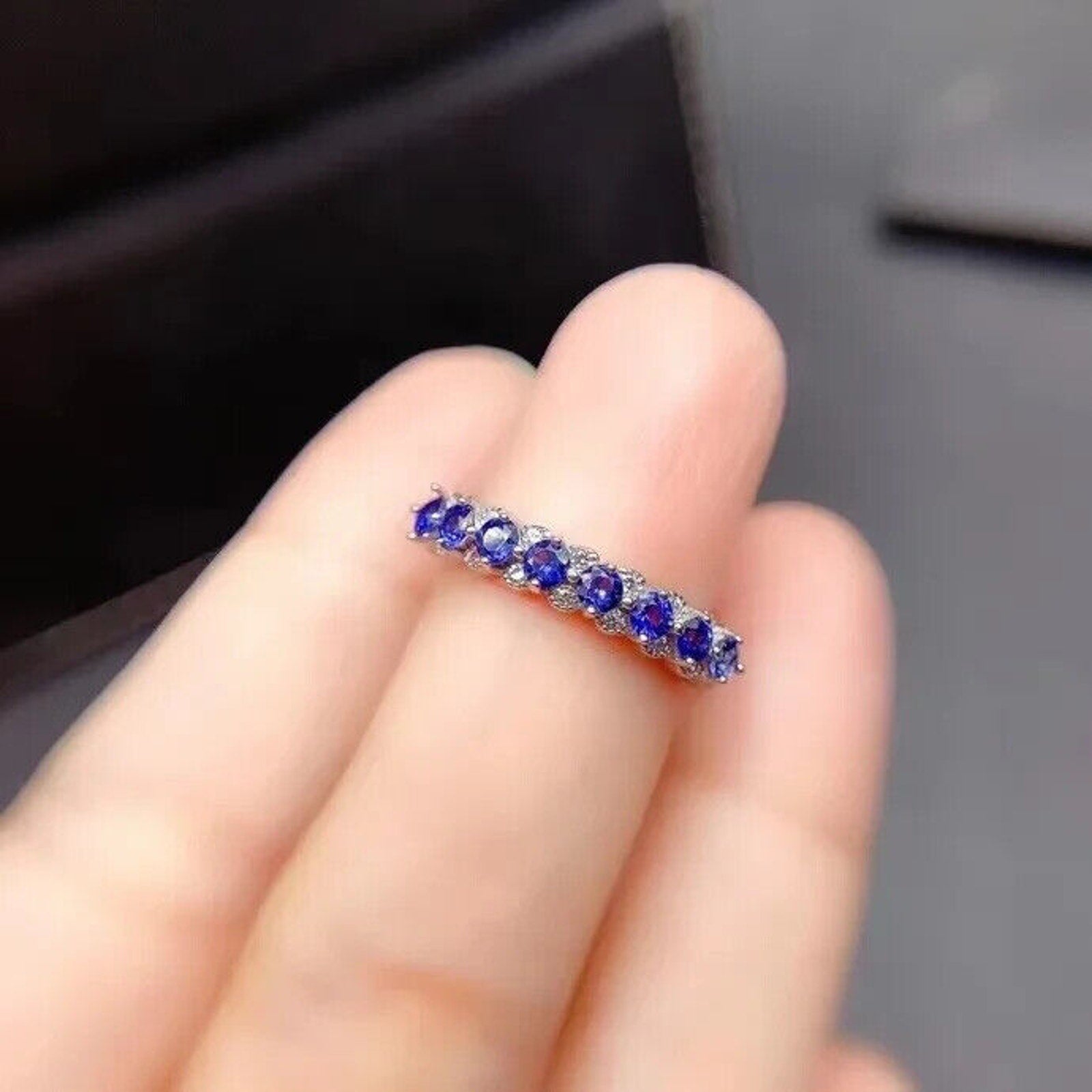 Natural Sapphire Band Ring, Genuine Blue Sapphire Band Ring Sterling Silver