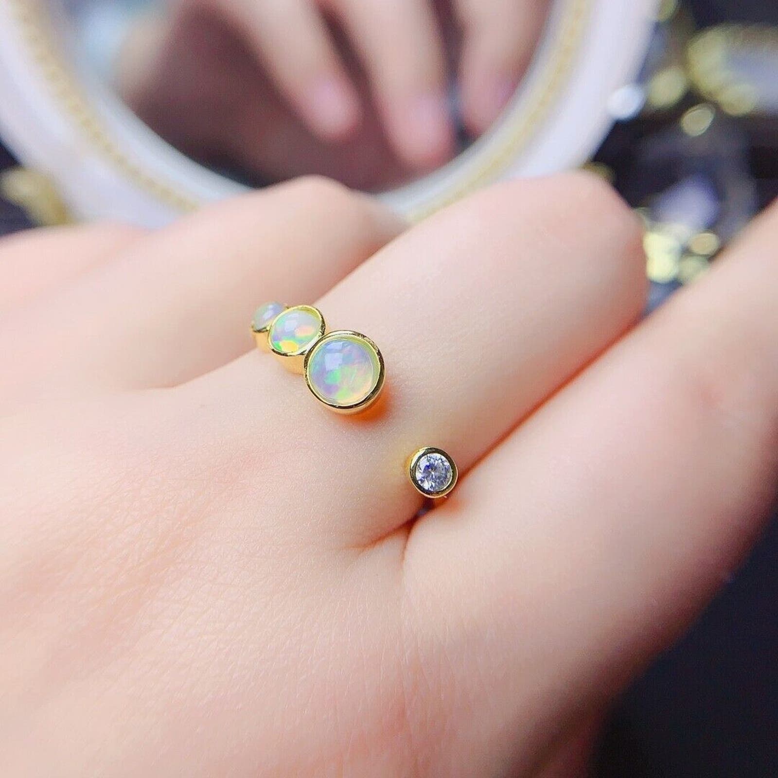 Adjustable Opal Stacking Ring, Stackable Opal Ring, Bezel Set Opal Ring