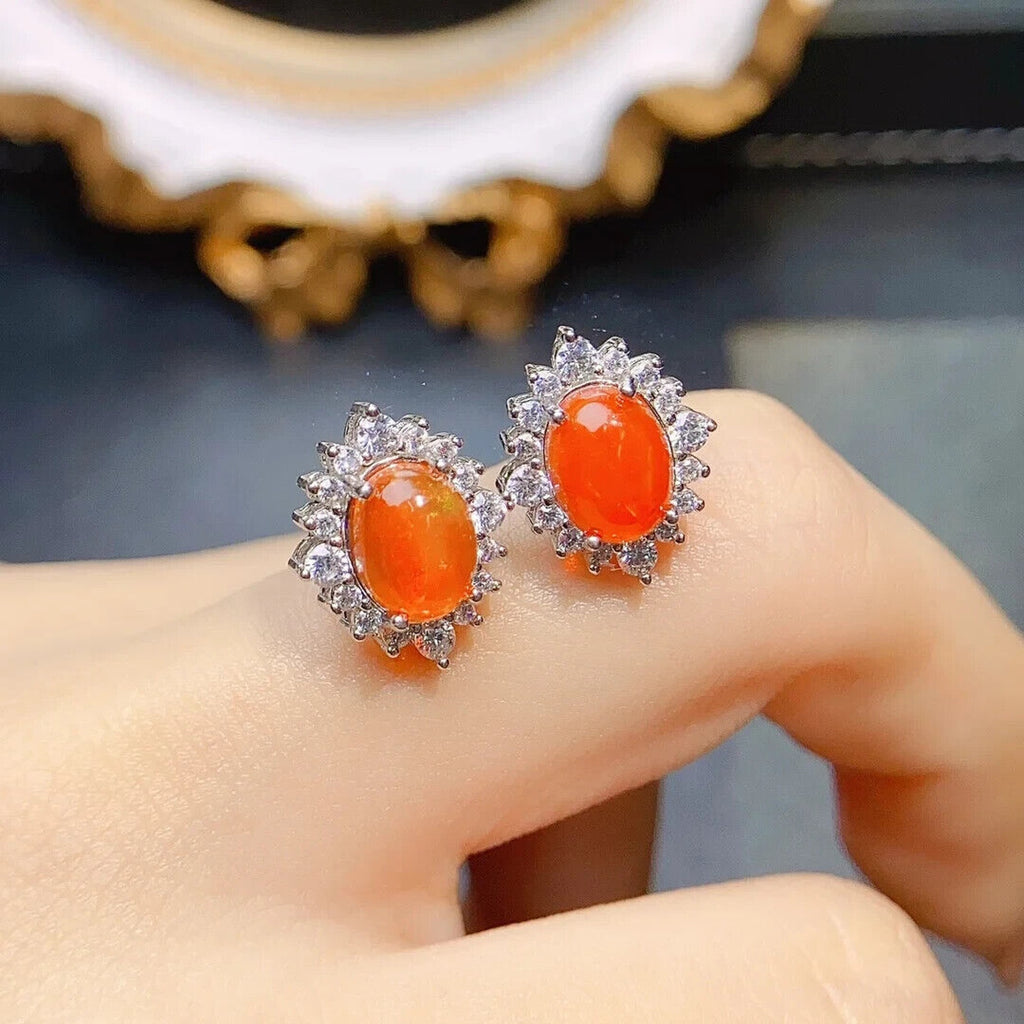 Orange Fire Opal Cluster Stud Earrings, Natural Orange Opal Stud Earrings 6x8mm