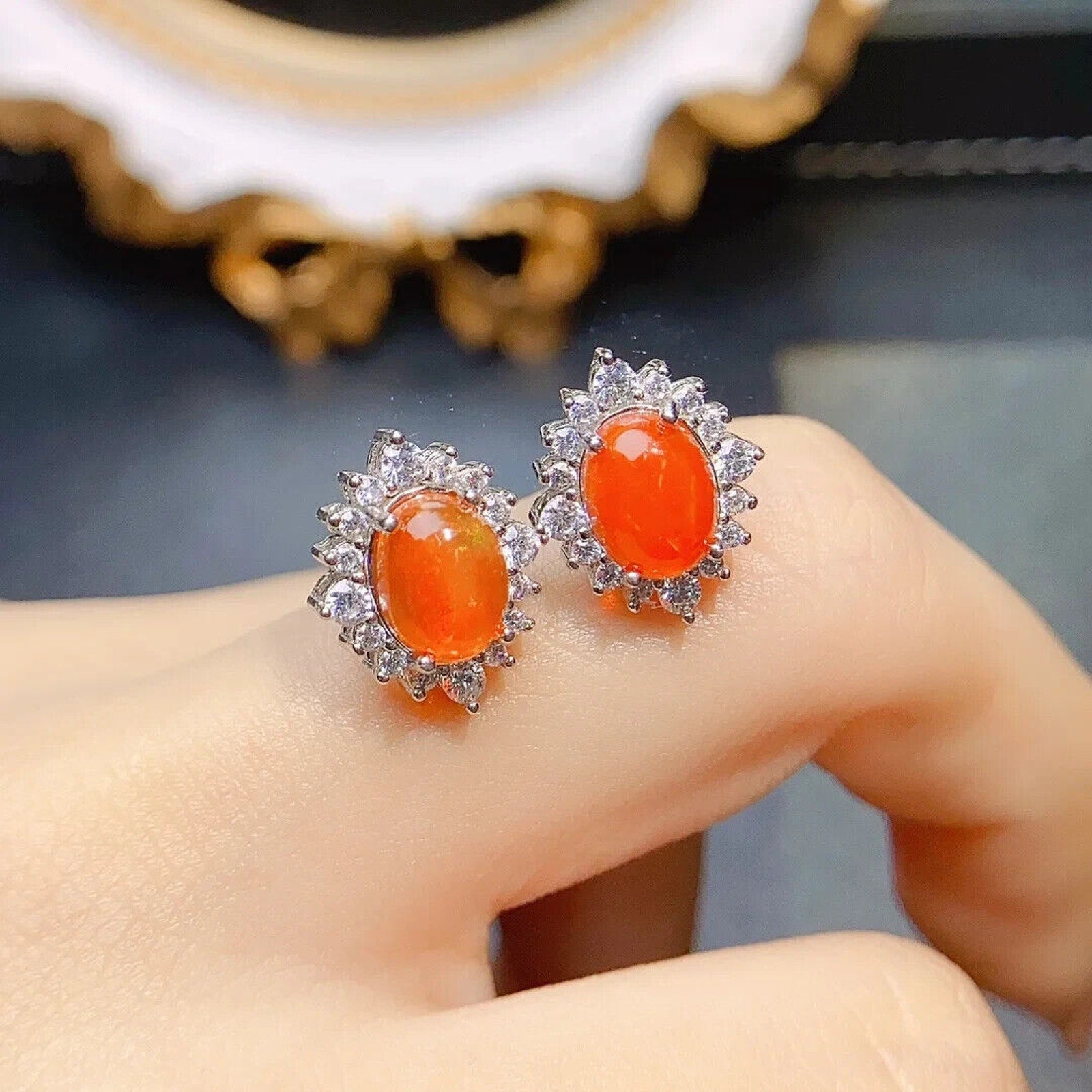 Orange Fire Opal Cluster Stud Earrings, Natural Orange Opal Stud Earrings 6x8mm