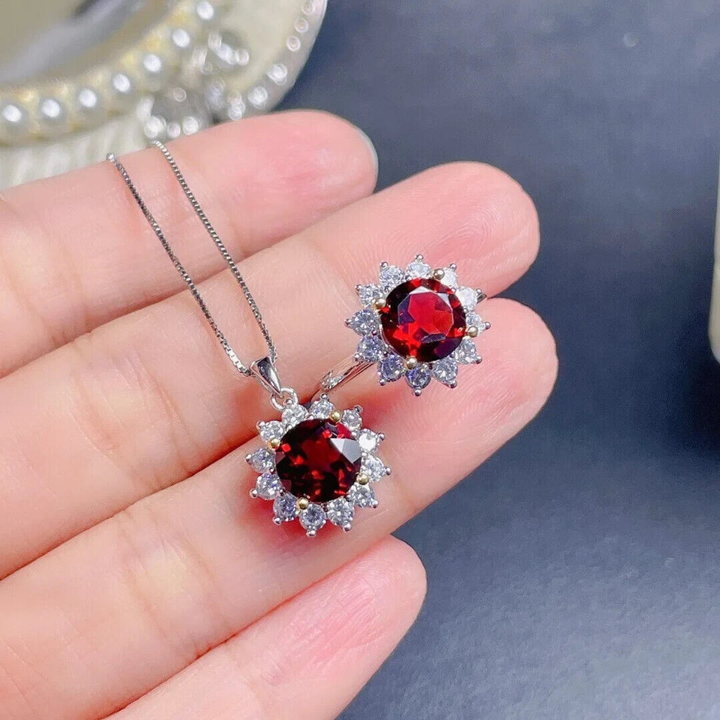 Women's Red Garnet Jewelry Set, Natural Red Garnet Necklace and Pendant Set