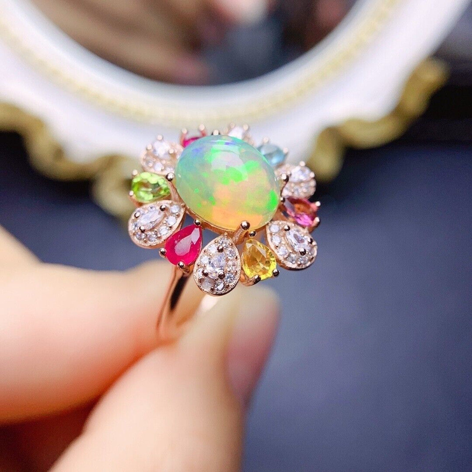 Multi Gemstone Opal Statement Ring, Ruby Sapphire Peridot Topaz and Opal Ring