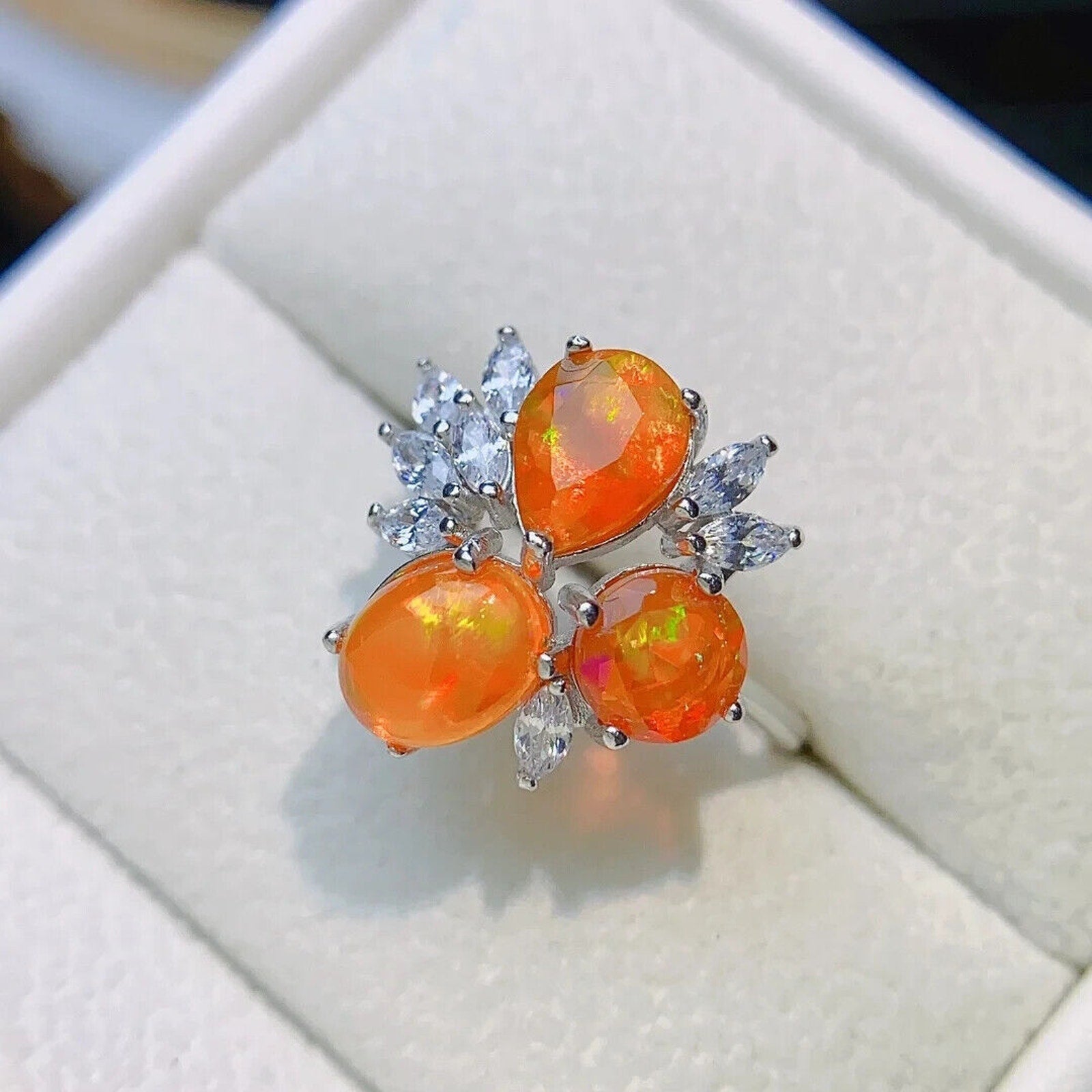 Orange Mexican Fire Opal Cluster Ring, Natural Orange Opal Ring Sterling Silver