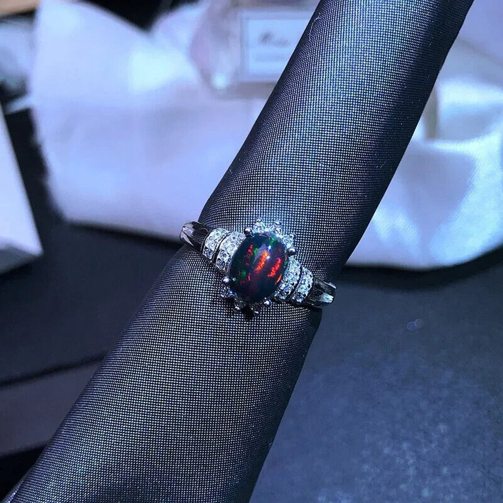 Dainty Black Fire Opal Ring 6x8mm Sterling Silver