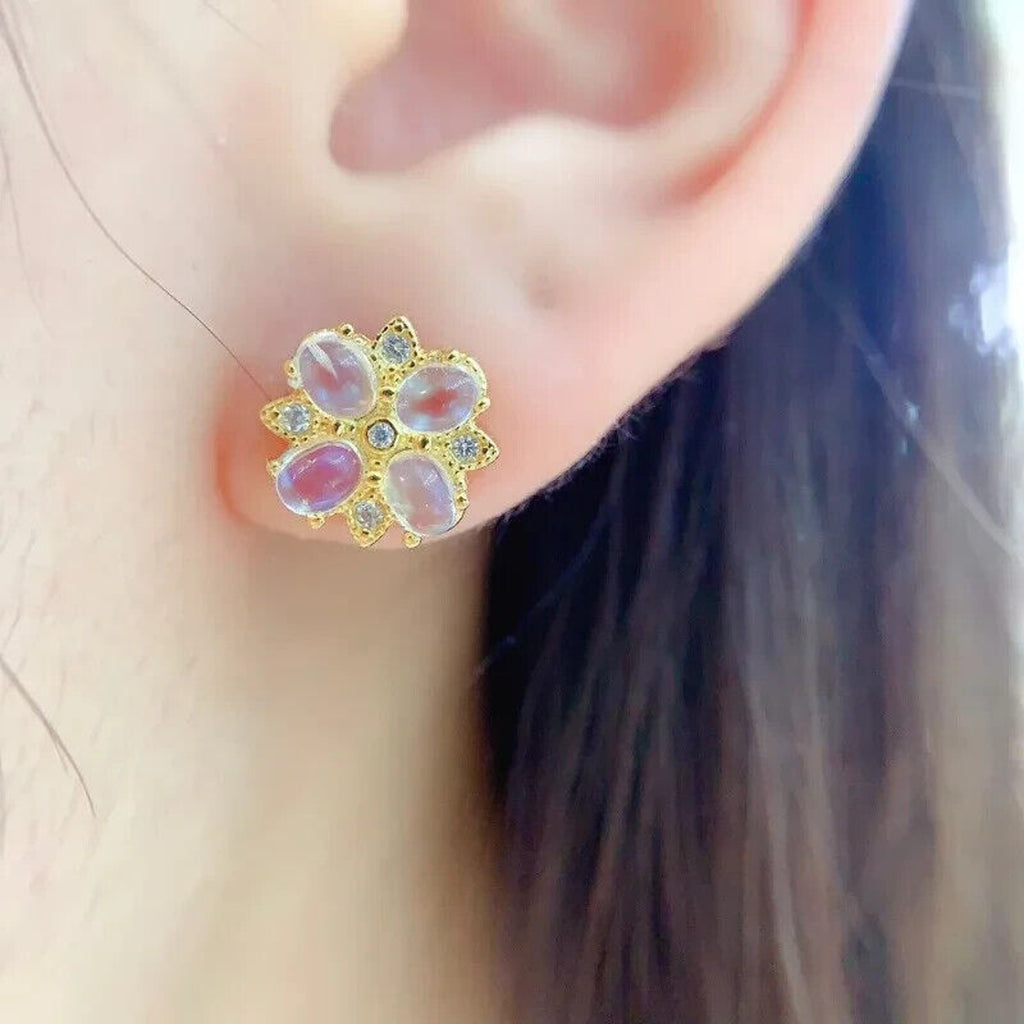 Natural Moonstone Cluster Stud Earrings 3x4mm, Moonstone Earrings 925 Sterling