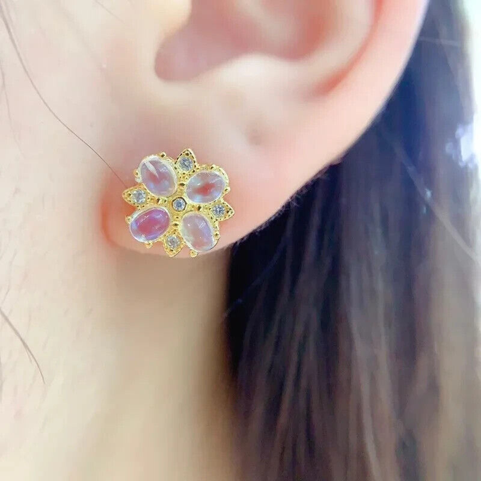 Natural Moonstone Cluster Stud Earrings 3x4mm, Moonstone Earrings 925 Sterling