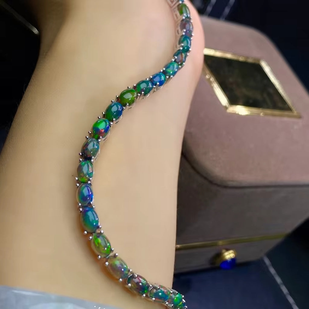 Black Fire Opal Tennis Bracelet, Colorful Opal Bracelet 925 Sterling Silver