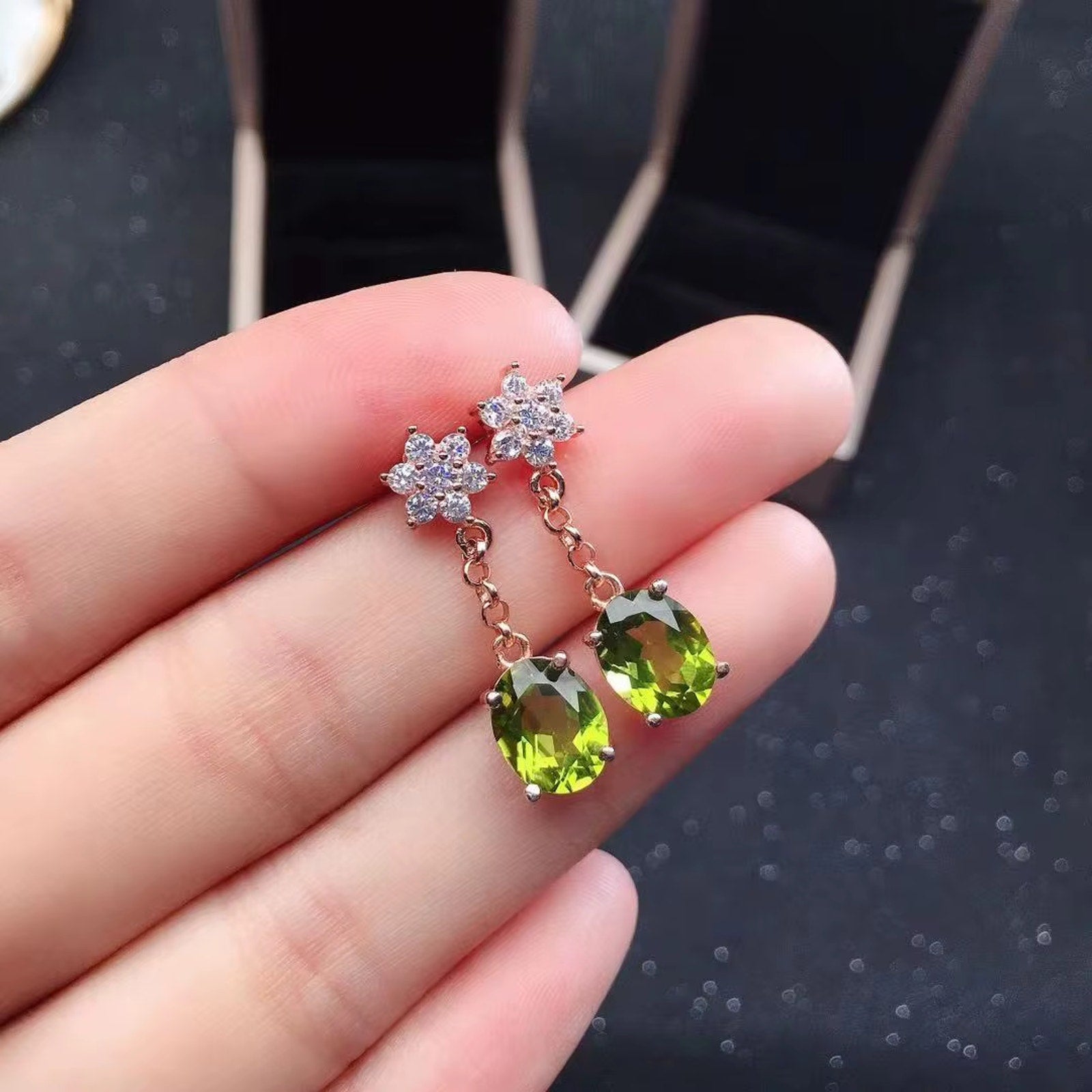 Natural Peridot Drop Dangle Earrings 925 Sterling Silver 6x8mm