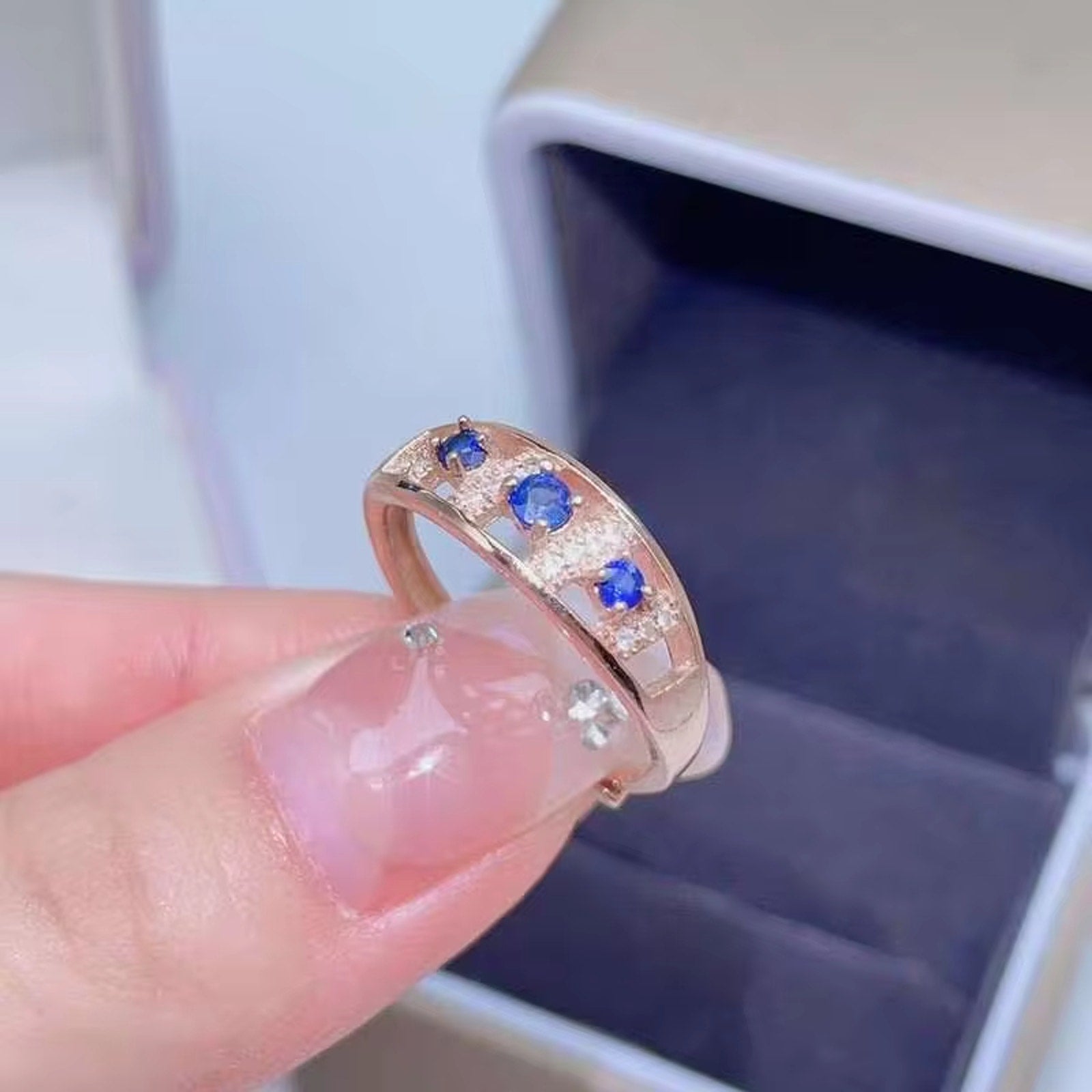 Blue Sapphire Band Ring, Natural Blue Sapphire Gemstone Ring 925 Sterling