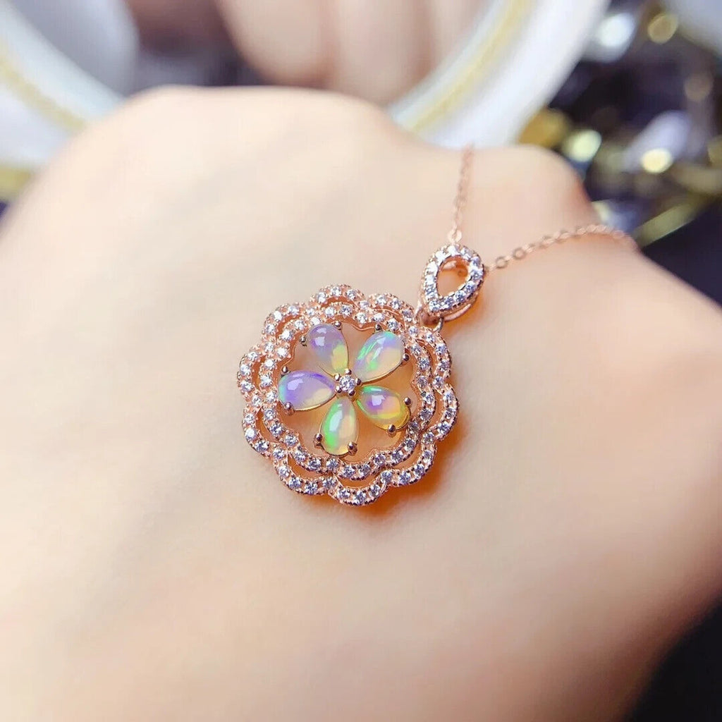Australian Opal Flower Pendant Necklace 3x5mm, Natural Fire Opal Pendant