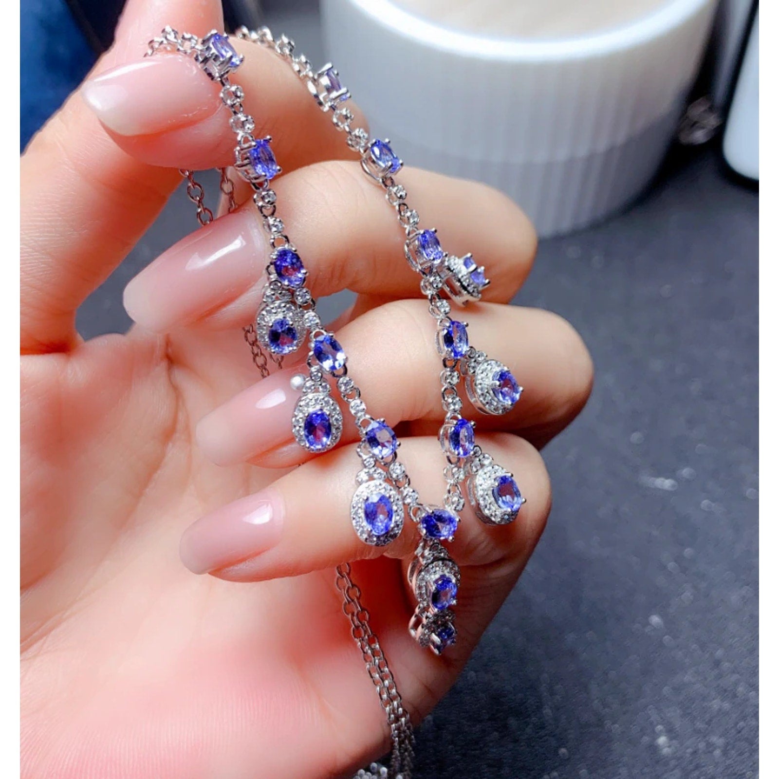 Tanzanite Clavicle Chain Statement Necklace, Purple Tanzanite Charm Necklace