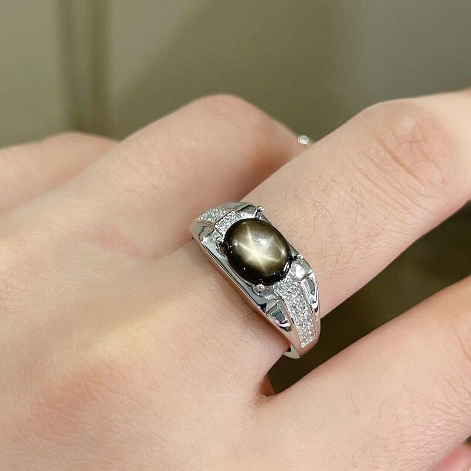 Men's Gray Star Sapphire Ring, 7x9mm Natural Gray Star Sapphire Ring Sterling