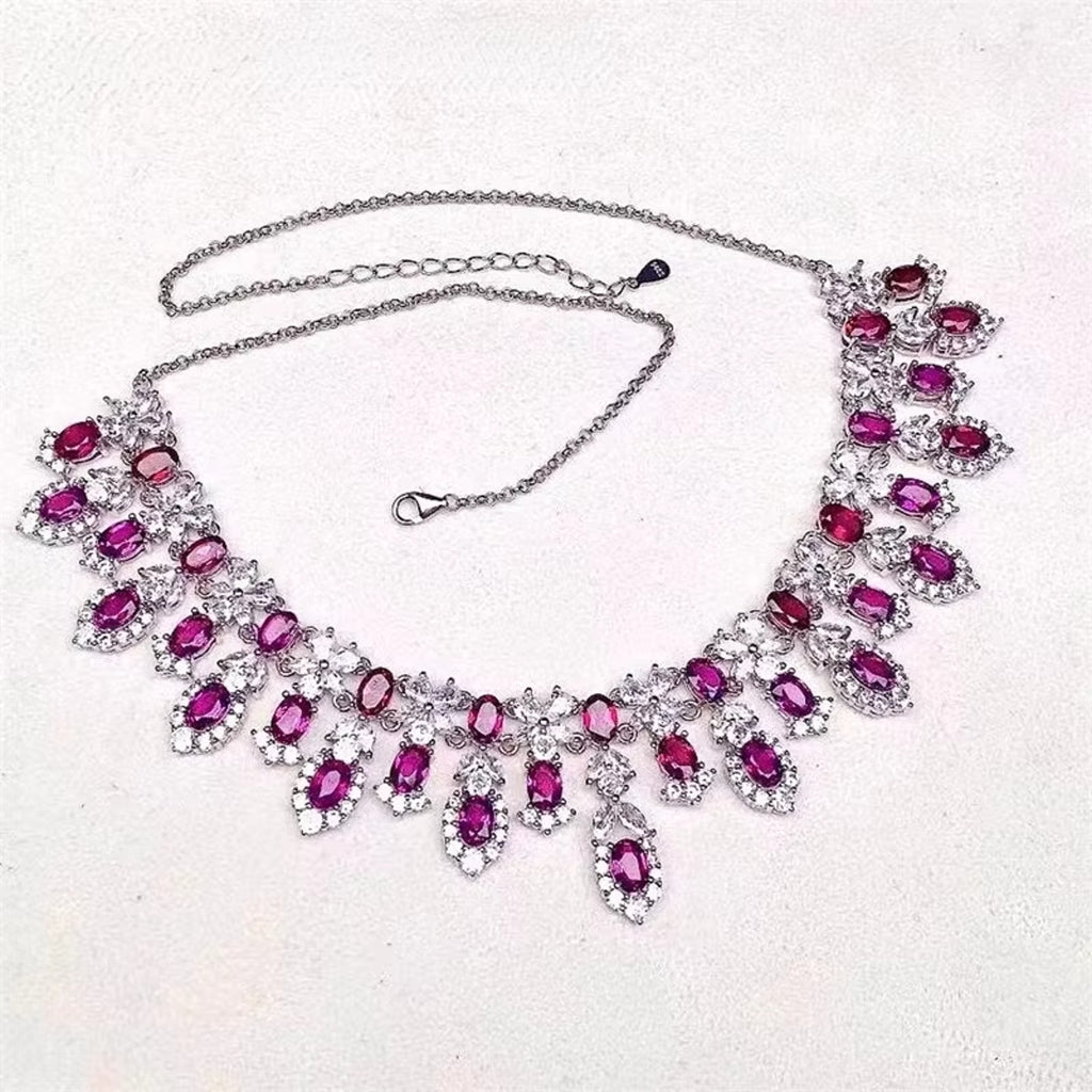 Natural Pink Garnet Statement Necklace, Gemstone Bib Necklace 925 Sterling