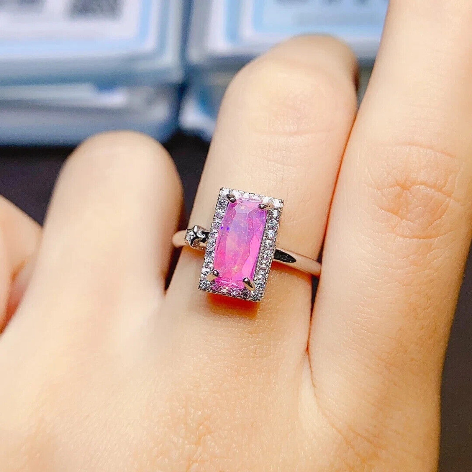 Pink Fire Opal Gemstone Ring 5x10mm, Natural Pink Fire Opal Statement Ring