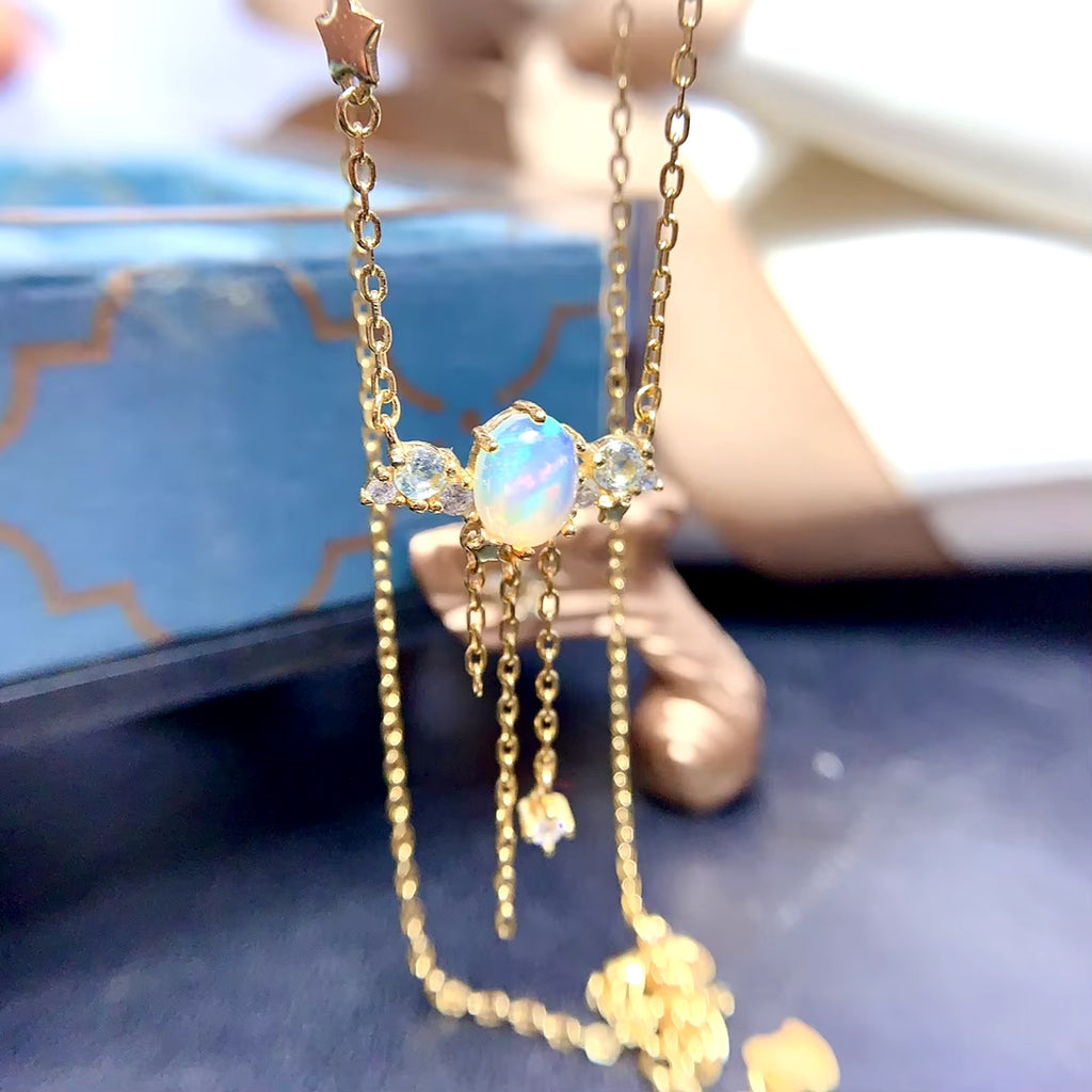 Natural Fire Opal Charm Necklace 5x7mm Sterling Silver Opal Necklace