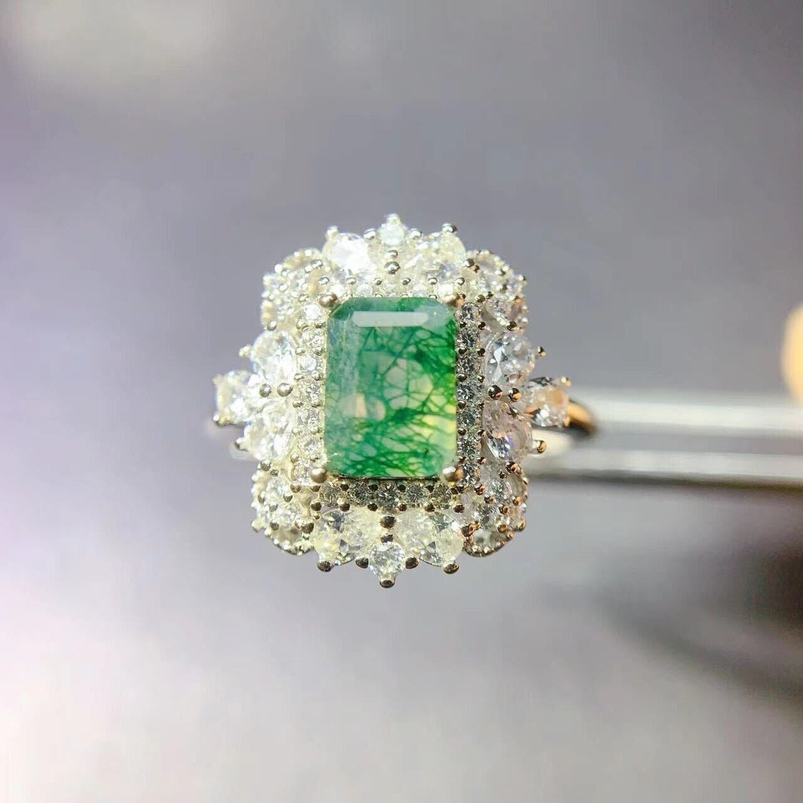 Moss Agate Cocktail Ring 5x7mm 925 Sterling Silver